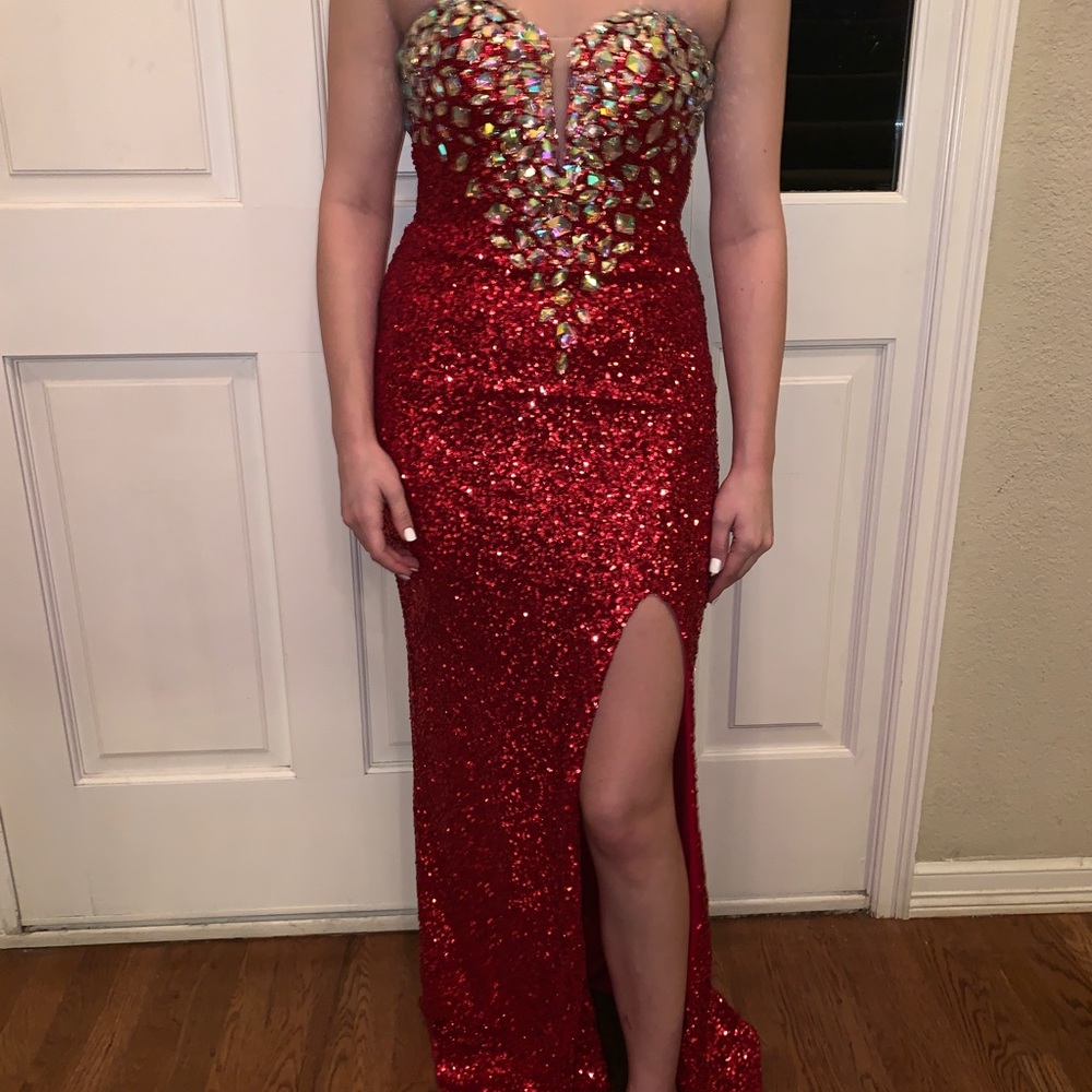 Red Sequin Strapless Prom Dress w slit Sz 6 - New